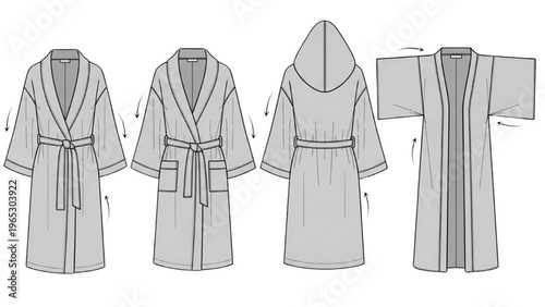 Vector CAD design style illustration of bathrobe with belt and hood