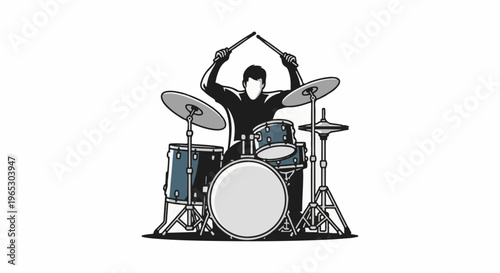 Stylized drummer energetically plays a drum set with sticks raised above head