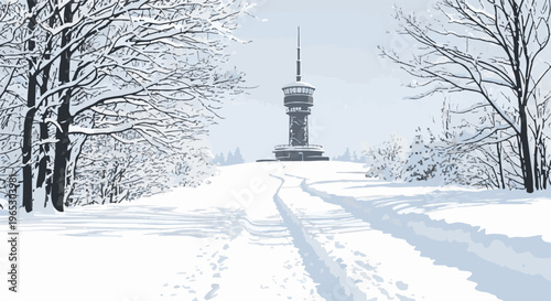 Snow-covered landscape with a tower on a hill and a path