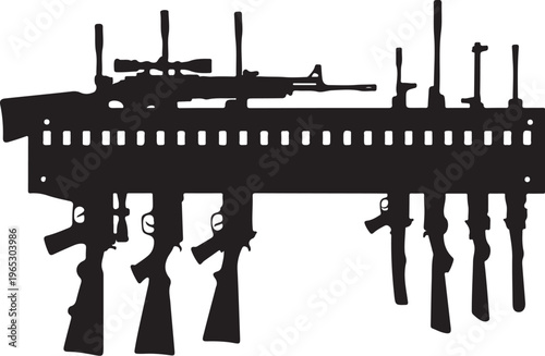 Firearm silhouettes, gun rack, weapons collection, black vector icons