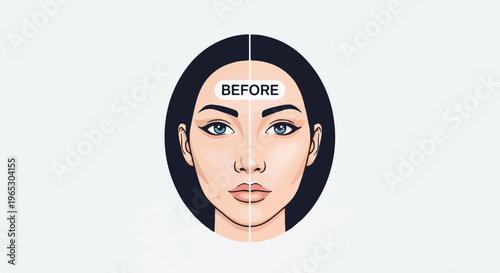 Split face illustration showing skin texture comparison, labeled "BEFORE.