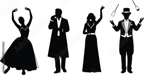 Silhouette illustration of ballet dancer, singer, elegant performer, and juggler with clubs, diverse stage entertainment, performing arts concept design