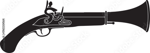 Vintage flintlock pistol, antique firearm, black silhouette, historical weapon, vector illustration