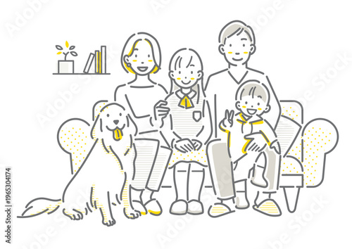 みんなで一緒にソファに座る笑顔の家族とペットの犬　シンプルでお洒落な線画イラスト