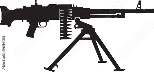 Machine gun, assault rifle, black silhouette, vector illustration, military weapon, gun on tripod stand