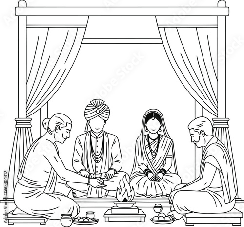 A detailed line art illustration of a traditional indian wedding ceremony with a sacred fire