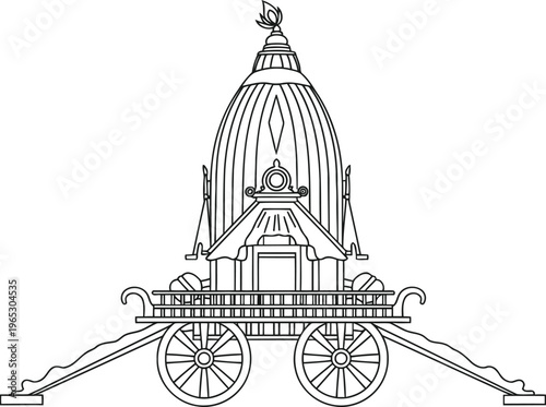 A detailed black and white line drawing of the traditional ratha chariot used in jagannath puri