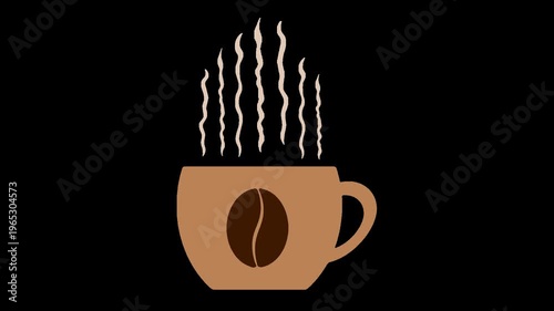Animated coffee mug with a coffee bean and steam emanating from the mug. Animation on a transparent background with an alpha channel.