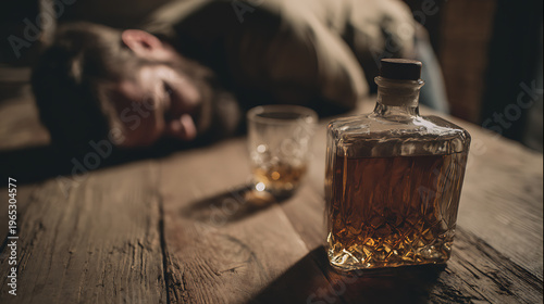 Wallpaper Mural Unconscious Person and Bottle on Weathered Wood Table: Gritty Scene of Alcohol Abuse, Neglect, Addiction, and Personal Struggle Torontodigital.ca