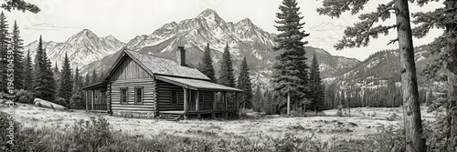 Rustic Wooden Cabin in Mountain Forest Scenic Landscape Black and White