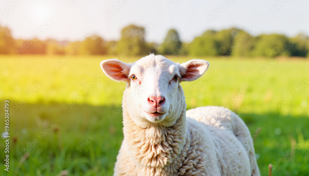 Fototapeta premium Gentle sheep grazing in green fields, Id al-Adha symbolism