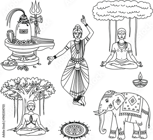 A collection of hand drawn illustrations depicting various elements of traditional indian culture
