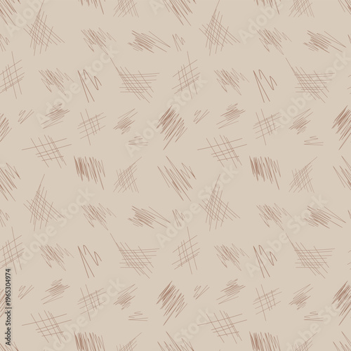 Brown Pen Hatching Seamless Pattern on Beige Background, Hand Drawn Vector Scribble Texture, Organic Abstract Doodle Backdrop for Stationery and Packing