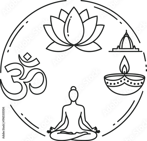 A circular line art illustration featuring iconic symbols representing spiritual hindu culture