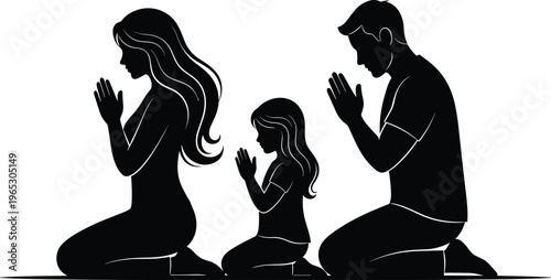 Silhouette illustration of family kneeling in prayer, two adults and child together, symbolizing unity, spirituality, devotion, and religious faith design