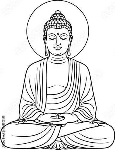 A serene line art illustration of the buddha sitting in a meditative pose for spiritual practice.