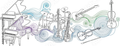 Musical ensemble line art illustration featuring various instruments flowing with colorful abstract wave patterns