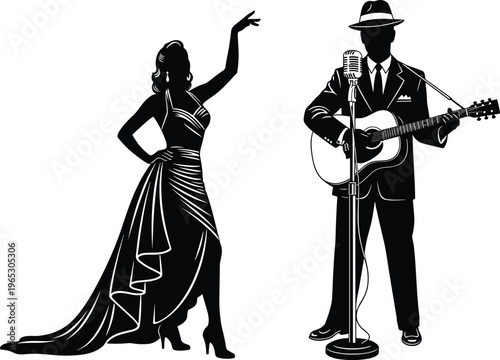Silhouette illustration of female singer in flowing gown and male musician in suit with guitar, vintage microphone, retro concert entertainment design