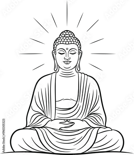 A serene black and white line art illustration of the buddha sitting in a meditative lotus pose