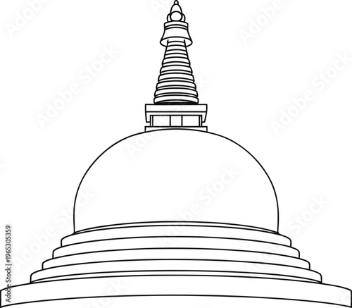 A detailed black and white line drawing of a traditional buddhist stupa structure isolated.