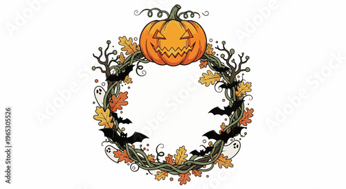 Spooky Halloween wreath with jack-o-lantern, bats, leaves, and ghosts