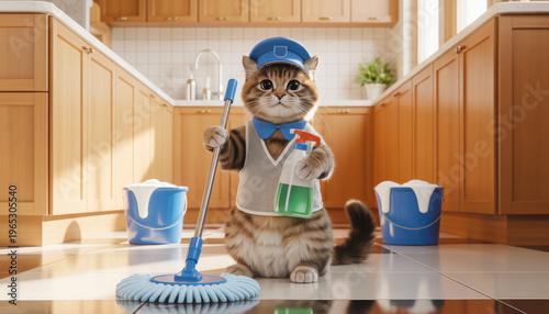 Illustration with a cute cleaning cat in the kitchen
