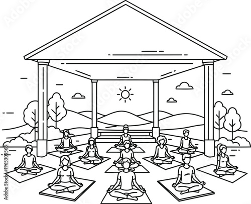 A group of diverse people practicing yoga together in a serene outdoor pavilion at sunrise.