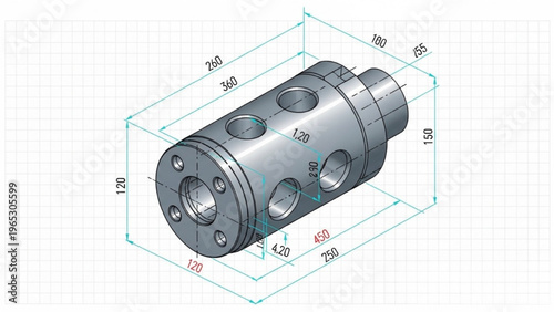 Detailed vector CAD design style drawing of mechanical cylinder with dimensions