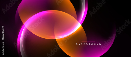 Abstract neon shapes overlap, creating vibrant light effects. Dark background emphasizes glowing curves, modern design element.