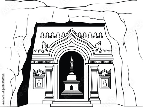 A black and white line drawing of an ancient buddhist cave temple entrance with a central stupa