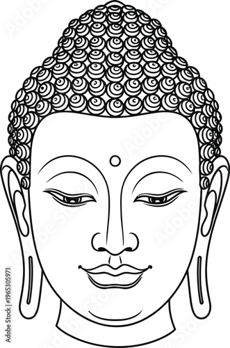 A serene and elegant black and white line art illustration featuring the head of lord buddha