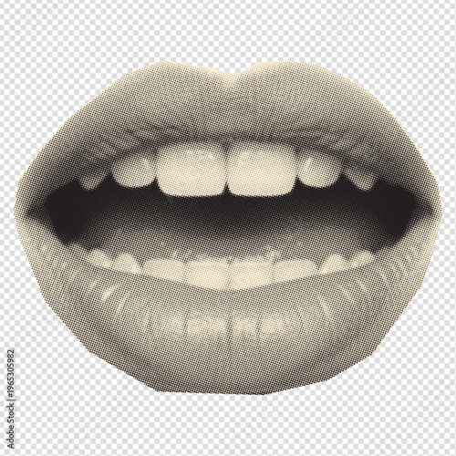 Human Mouths Halftone Collage Element – Smiling, Talking and Screaming Lips in Dotted Retro Pop Art Urban Magazine Style Sticker Clip Art Vector Illustration