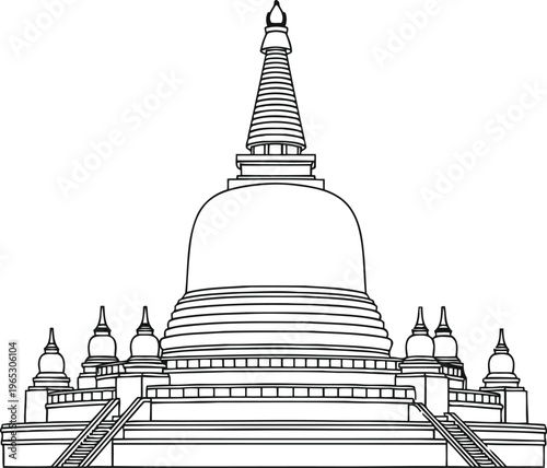 A detailed black and white line art illustration of a traditional buddhist stupa architecture.