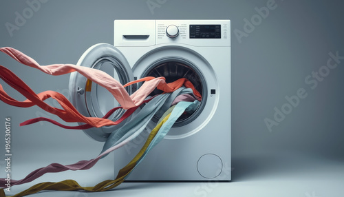 A washing machine from which beautiful colored fabrics fly out