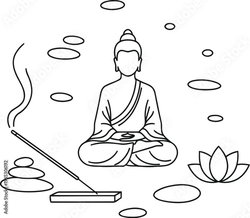 A serene line art illustration depicting a meditating buddha surrounded by zen elements and incense