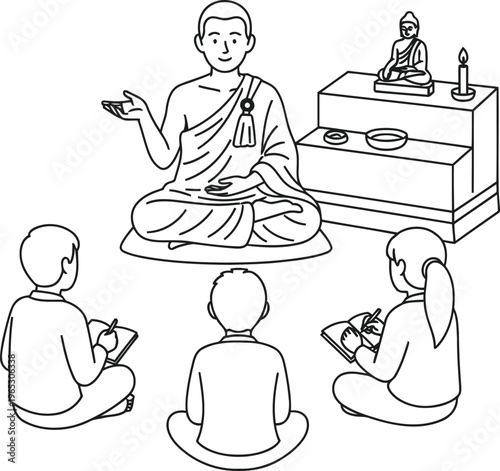 A monk sits in lotus position teaching a group of children who are taking notes in a classroom