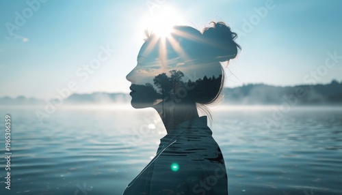 Profile silhouette of a woman on the background of water, double exposure, the concept of tranquility and psychology