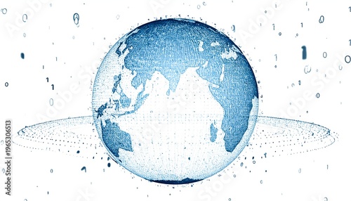 A digitally rendered image of Earth, shown from space with a blue hue, surrounded by a halo of dots and binary code