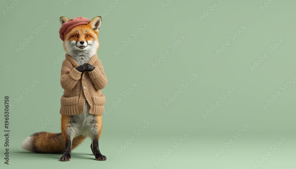 Naklejka premium Cute fox in a beret and coat on a green background with a place for text