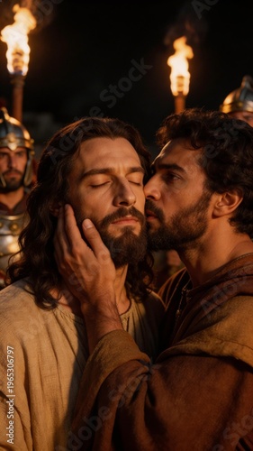 Biblical scene of the Kiss of Judas: Betrayal of Jesus Christ in the Garden of Gethsemane at night
