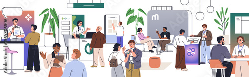 People at business expo center during exhibition event, tradeshow. Marketing professionals, managers, exhibitors at stalls and visitors, communication and product promotion. Flat vector illustration