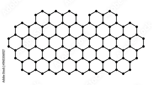 A detailed illustration of a flat, interconnected hexagonal lattice structure, resembling a graphene sheet or complex molecular arrangement with prominent black nodes.