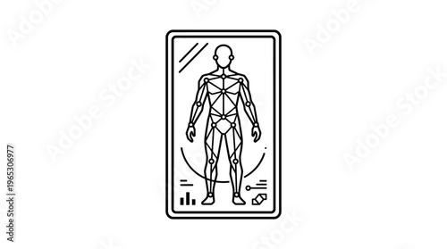 Minimalist line art illustration of a digital human body representation, showcasing connected anatomical points within a futuristic display, with health data metrics.