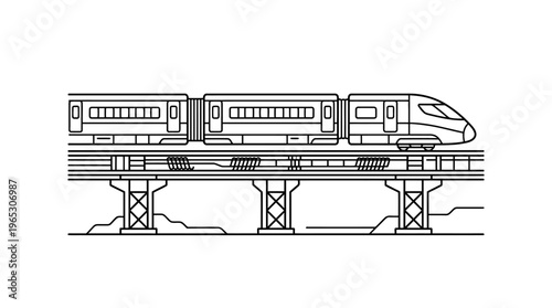 Minimalist line art depiction of a modern high speed electric train traveling across an elevated viaduct structure