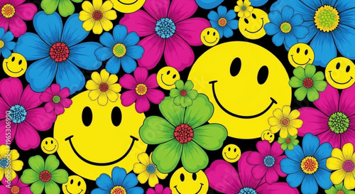 Retro 70s floral pattern with yellow smiley faces, vibrant hippie flower power background vector, psychedelic botanical wallpaper for textile design