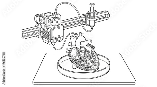 A futuristic bioprinter precisely constructs a human heart model, showcasing advanced organ 3D printing technology for medical research and development.