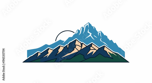 Stylized, layered mountain range with a crescent sun