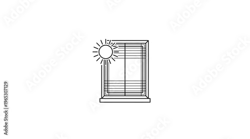 Simple line art icon representing bright sunlight streaming through a partially closed window with horizontal blinds.