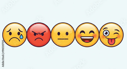 Emoji face icons set with various emotions, collection of 5 expressive cartoon characters, colorful feedback rating scale for customer satisfaction