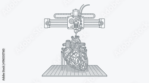 An intricate line art illustration depicts a modern 3D printer creating a detailed human heart, symbolizing advanced medical technology and bioprinting innovation.